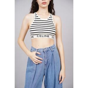 Celine Striped Logo Waistband Racerback Ribbed Crop Tank Top Cream Black Small